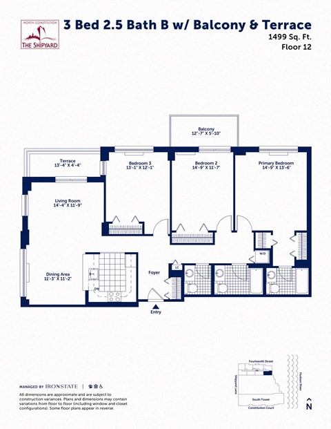 Floor plan for 3 beds, 2.5 baths, 1499 sqft